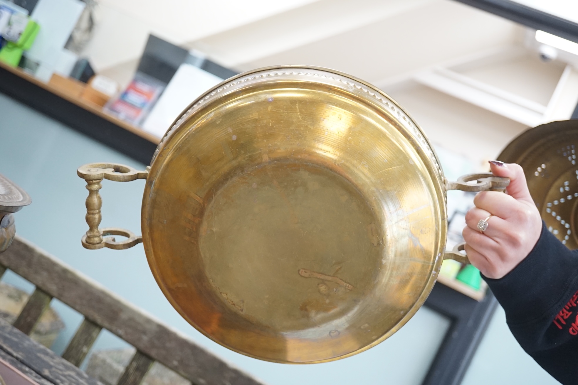 A Middle Eastern brass 'Mangal' brazier, with pierced decoration, 60cm high. Condition - good